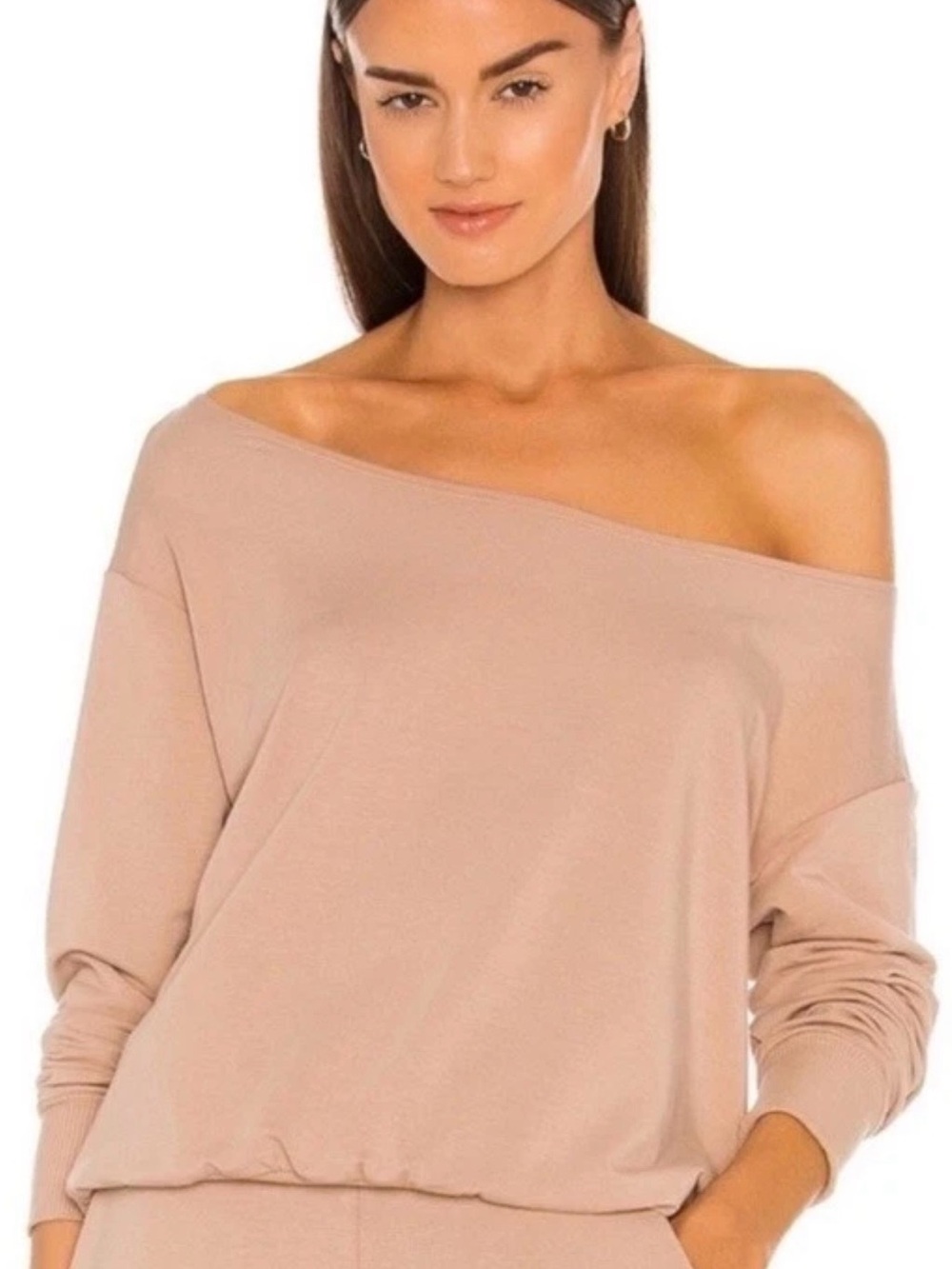 L'AGENCE Kimora Off Shoulder Long Sleeve Top Shirt Banded Neutral Warm Taupe M